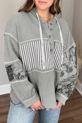 Gray Mixed Waffle Knit Patchwork Henley Plus Size Hoodie