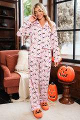 Pink Cute Floral Halloween Ghost Print Long Pajama Set