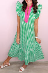 Bright Green Summer Color-Blocked Plaid Pattern Midi Dress