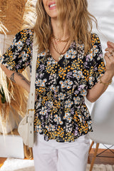Black Floral Print V Neck Smocked Babydoll Blouse