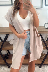 Parchment Ribbed Pocketed Short Sleeve Open Front Cardigan