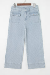 Sky Blue Striped Button Flap Pocket Cuffed Hem Wide Leg Jeans