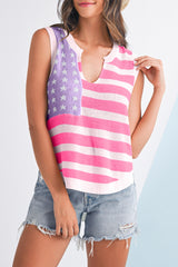 Pink Stripe USA Flag Notched Neckline Loose Knit Vest