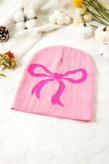 Pink Bow Print Knitted Beanie Hat