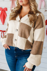Khaki Checkered Ribbed Button Up Plus Size Cardigan