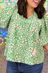 Green Plus Size Leopard Tassel Tie Split Neck Puff Sleeve Blouse
