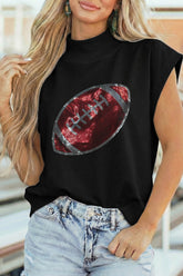 Black Rhinestone Rugby Football Pattern High Neck Short Sleeve Top