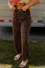 Brown Clear Seam Detail Patchwork Leopard Print Barrel Jeans