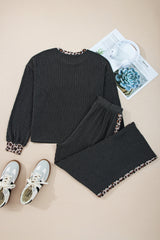 Carbon Grey Twisted Rib Leopard Patchwork Detail 2pcs Pants Set
