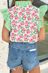 Multicolour Sweet Floral Print Striped Ruffle Trim V Neck Blouse
