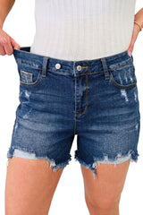 Sail Blue Asymmetric Raw Hem Distressed Whiskery Denim Shorts