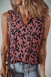 Brown Floral Print Tie Neck Sleeveless Top