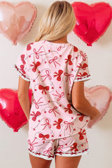 Red Bow Colorblock Short Sleeve High Waist Knot Pajama Set