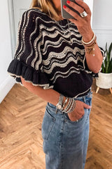 Black Stripe Wavy Crochet Eyelet Detail Ruffle Half Sleeve Sweater