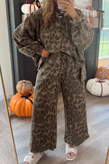 Brown Allover Leopard Print Pullover Drawstring Loose Pants Set