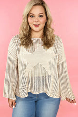 Parchment Hollow Out Knit Star Pattern Plus Size Sweater