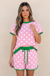 Pink Polka Dot Contrast Edge Casual Short Set