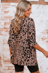 Brown Leopard Print V Neck Half Sleeve Oversized Tee