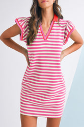 Sachet Pink Striped Ruffle Short Sleeve Pop of Color Neckline Dress