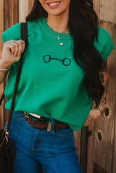 Bright Green Horse Bit Embroidered Short Sleeve Sweater