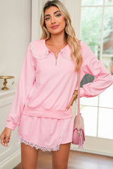 Pink Peter Pan Collar Pullover Lace Embellished Mini Shorts Set