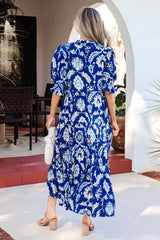 Blue Wild Floral Print Frilled Collar Half Sleeve Long Dress