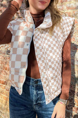 Khaki Plaid Stand Neck Button Down Vest