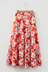 Red High Split Floral Tiered Maxi Skirt