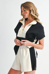Black Colorblock Zipper Collar T Shirt and Shorts Set