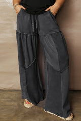 Black Plus Size Mineral Wash Exposed Seam Patchwork Drawstring Loose Pants
