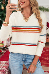 White Casual Striped Drop Sleeve Hooded Sweater