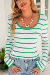 Bright Green Scalloped Edge Striped Long Sleeve Sweater