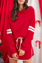 Fiery Red Varsity Stripe Detail Drop Shoulder Pullover Mini Skort Set