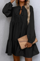 Black Tie Split Neck Smocked Detail Puff Sleeve Ruffle Hem Loose Dress