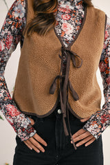 Light French Beige Fleece Tie Front Winter Vest