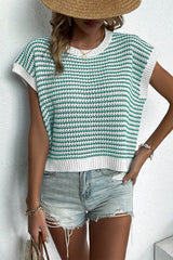 Green Stripe Ribbed Trim Loose Fit Knitted Sweater Vest