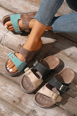Light Blue Leopard Two-tone Retro Buckle Straps Hollowed Faux Suede Slippers