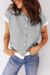 Black Stripe Contrast Trim Cap Sleeve Button Down Casual Cardigan