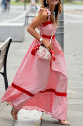 Red Stripe Bow Knot Straps Contrast Trim High Waist Ruffle Hem Maxi Dress
