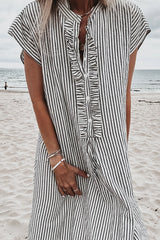 Black Stripe Frilled Detail Half Buttons Short Sleeve Long Dress