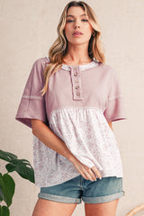 Pink Waffle Floral Patchwork Exposed Seam Detail Short Sleeve Top
