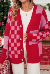 Fiery Red Colorblock Plaid Button Knit Cardigan