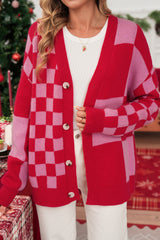 Fiery Red Colorblock Plaid Button Knit Cardigan
