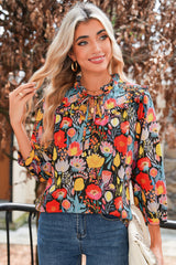 Black Floral Print 3/4 Puff Sleeve Frill Neck Blouse