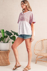 Pink Waffle Floral Patchwork Exposed Seam Detail Short Sleeve Top
