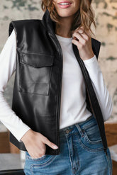 Black Double Flap Pocket Faux Leather Zip Up Stand Neck Vest
