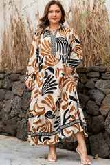 White Plus Size Abstract Print Contrast Collar Split Neck Shift Long Dress
