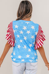 Sky Blue Vintage Star Print Striped Ruffle Sleeve Independence Day Top