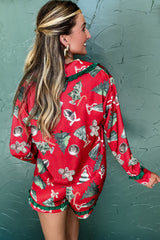 Red Christmas Print Contrast Frill Trim Ribbon Bow Pajama Set