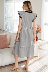 Black Stripe Double Ruffled Short Sleeve Contrast Trim V Neck Midi Dress